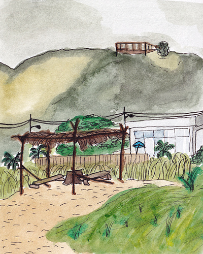 Cosy place + building,Pacific coast - Watercolor illustration art journal artbook beach cloudy coast cosy place doodle ecuador graphic design handmade illustration pacific paper sketch south america texture travel trip watercolor wood
