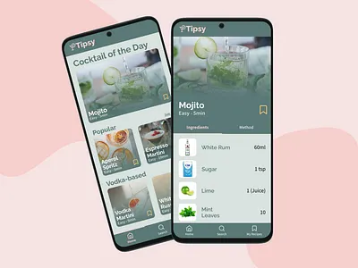 Tipsy - Cocktails at your Fingertips alcohol app design app interface cocktail cocktail recipe design green mobile design pink recipe recipe app ui ux