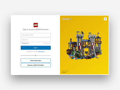 LEGO.com | Log in form form fields lego log in modal redesign sign in ui user