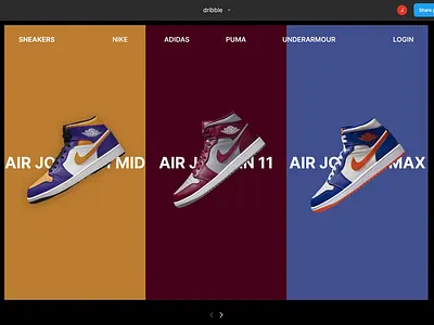 Interactive slider with Jordan shoes 3d animation blue carousel design e commerce graphic design inspiration interaction jordans motion motion design nike prototype red shoes sliders ui yellow