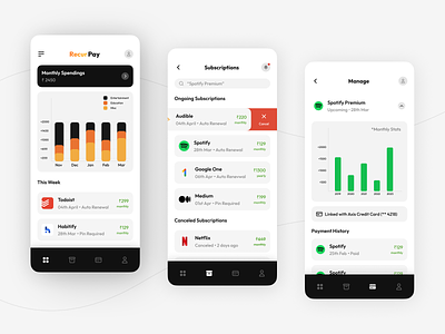 RecurPay — Mobile App Concept ai android clean design dribbble figma ios minimal mobile app design mobileapp mobileui payments simple subscriptions ui ui design uiux userinterface