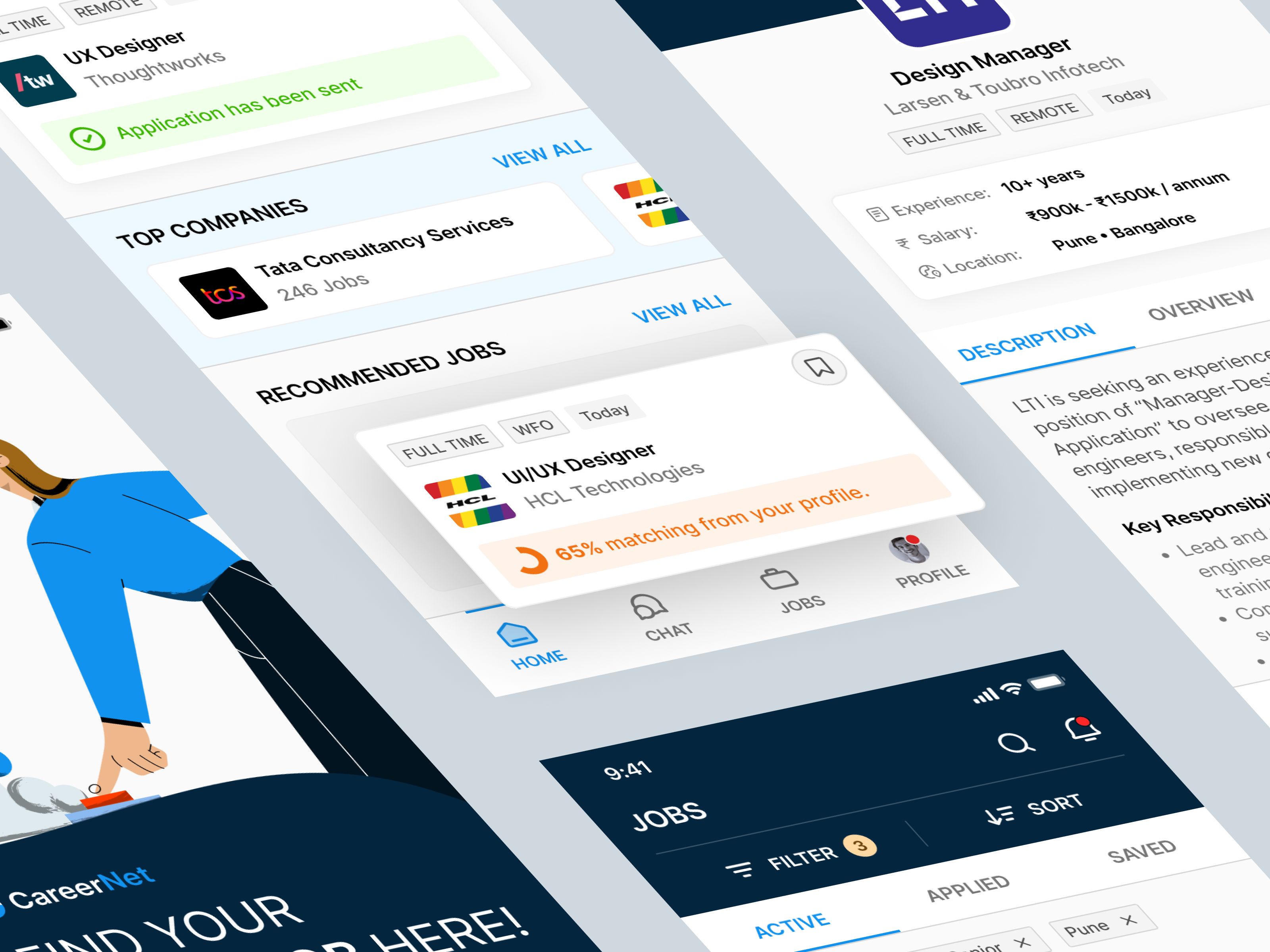 Job Portal App app design branding career chat companies dream job figma filter illustration job job portal matching mobile app profile recruitment saved ui ui design vacancy work