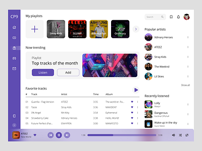 Music Player album artist audio player dashboard listen music music music player playlist singing song streaming service track ui