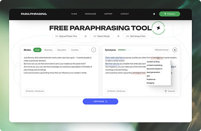 PARA/PHRASING - The Perfect Tool for Paraphrasing Text contentcreation minimalistdesign onlinetools paraphrasing textrewriting ui uiuxdesign webdesign