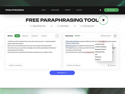 PARA/PHRASING - The Perfect Tool for Paraphrasing Text contentcreation minimalistdesign onlinetools paraphrasing textrewriting ui uiuxdesign webdesign