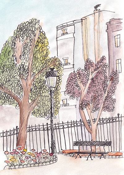 Street and parc in a typical french city - watercolor abstract art book art journal city design doodle french graphic design illustration light montpellier paper sketch square street watercolor
