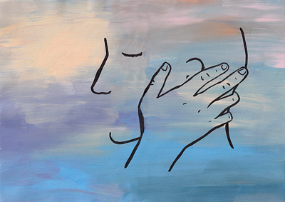 hand holding a human face on sky - tenderness and relationship abstract acrylic aesthetic design doodle emotion face feelings graphic design hand human illustration meditation paper poetic relationship sky
