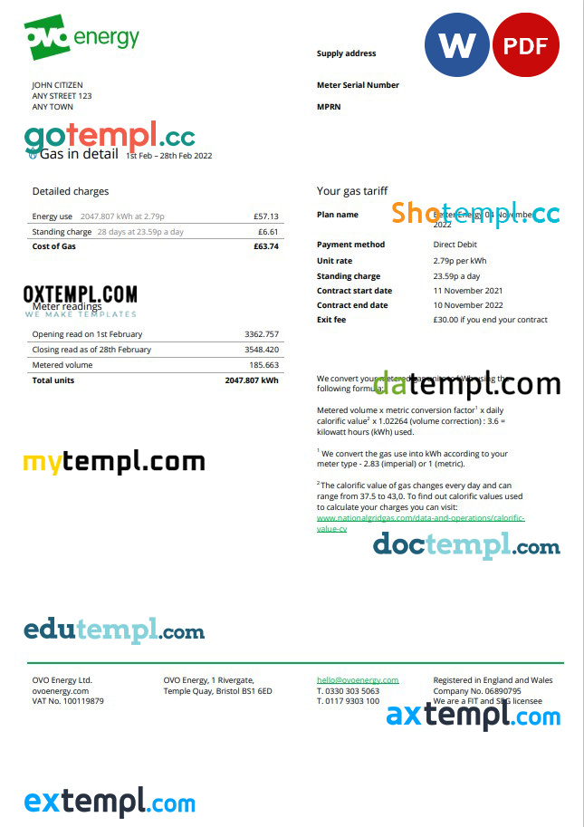 United Kingdom Ovo Energy utility bill, Word and PDF template by ...