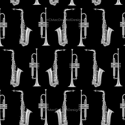 Black and White Saxophone and Trumpets repeat pattern repeating pattern seamless pattern surface pattern designer surfacedesign textile pattern