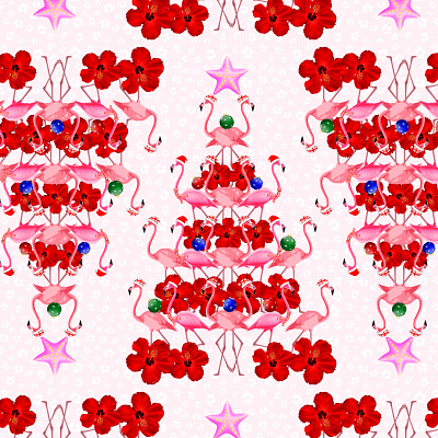 Pink Flamingo Xmas Tree Pattern repeat pattern repeating pattern seamless pattern surface pattern designer surfacedesign textile pattern