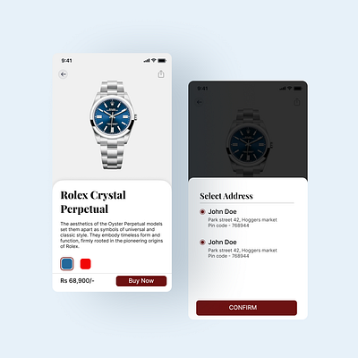 Mobile App UI design - Premium Watch Product and Address app design ui