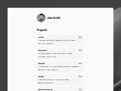 Projects page - minilio design framer indie hacker personal website portfolio product manager projects squarespace template web design webflow website