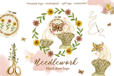 Needlework floral logos branding design embroidery floral hand draw logo handdraw illustration logo logotype needle needlework scissor symbol watercolor