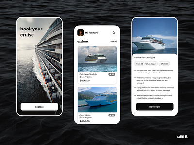 Cruise booking app. and app black booking cruise design mobile ocean planning sea ship travel ui water white