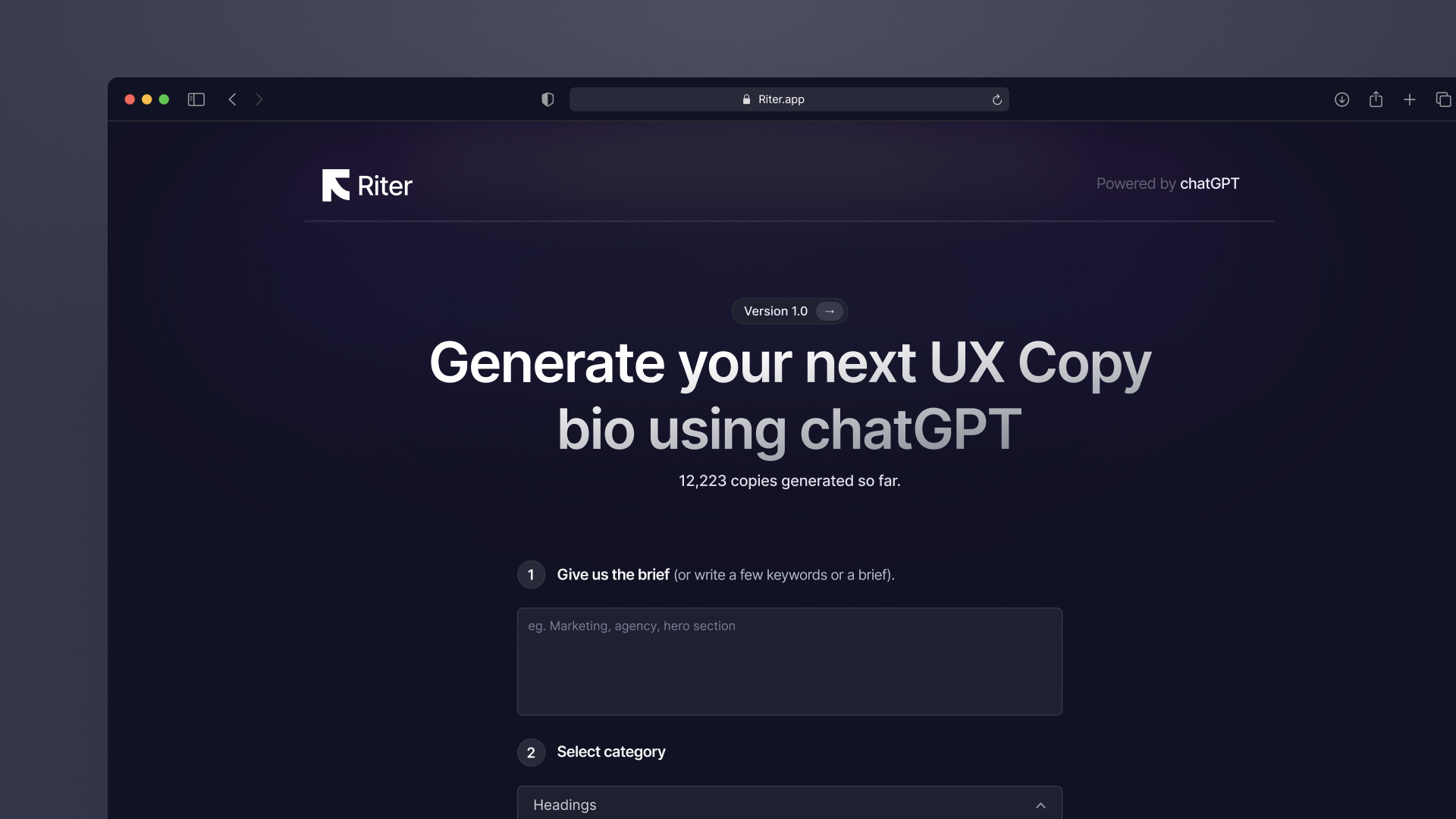 Riter.app - A.I. based UX copy generator Website design ai chatgpt content generator content writting copy dark dark mode design generator heading landing page riter riter app saber saber ali ui ux ux copy web design