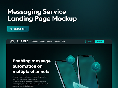 Messaging Service Landing Page Mockup app branding clean communication dark design graphic design illustration landing page logo minimal typography ui ux vector web webdessign