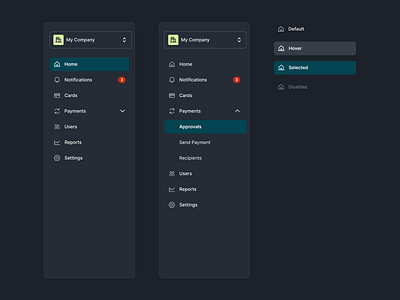 Side Navigation UI atomic design design system fintech interaction navigation notification payments sidebar sidenav web app webapp