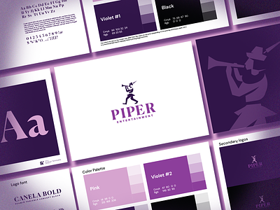 Piper Branding bagpipes brand branding character design events graphic design icon illustration logo person piper pipes purple singing story storytell vector walking