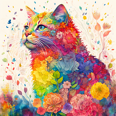 Cute Cat Water Colour Design flowes