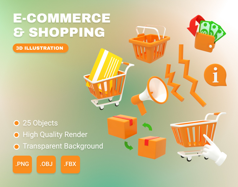 Ecommerce & Shopping 3D Illustration 3d 3d illustration basket bullhorn businesses buy buy online card cart credit card ecommerce info money back online shopping return shopping shopping cart speaker transaction