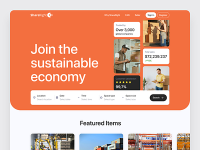 ShareRight's Landing Page card clean design dynamic economy iconset landing page modern rental search simple layout sustainable trending style ui design ui ux ux design webapp website young