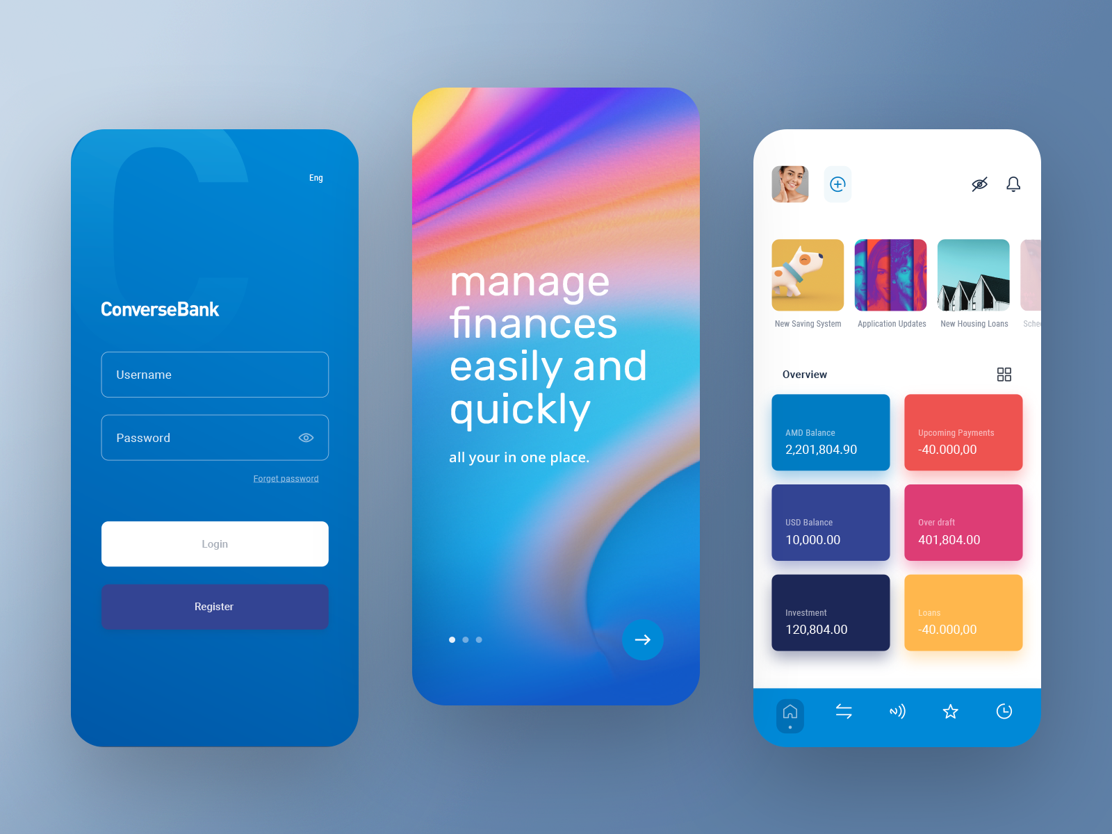 ConverseBank Mobile Banking app design app ui bank banking app blue dashboard app design finance fintech fresh interface login mobile app modern ui ui ux uiux ux welcome