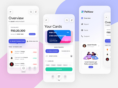 PeNow Finance Mobile | Clean and Minimalist Interface | Concept android app bank banking card clean concept credit card design finance illustration ios minimal money money transfer payment savings transaction ui ux