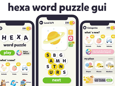 Hexa Word Puzzle Game Gui Assets by Javier Danglada on Dribbble