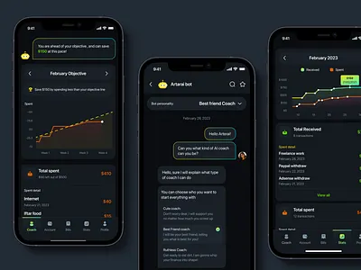Artarai - AI Cash Coach Mobile App Concept ai bot budgeting cash chart chat coach consultant design finance fintech gradient income message mobile app outcome planner ui design uiuxdesign vibrant