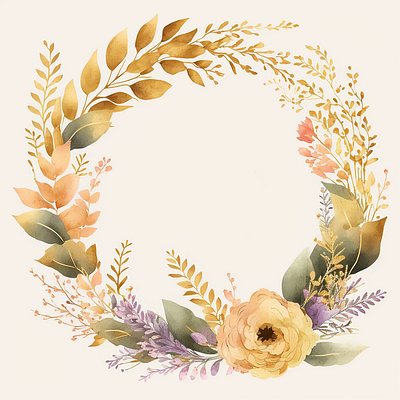 Watercolor Floral Golden Wreath Clipart hearts