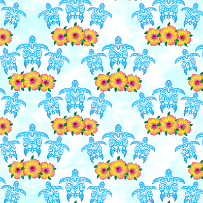 Blue Hawaii Tribal Turtles repeat pattern repeating pattern seamless pattern surface pattern designer surfacedesign textile pattern