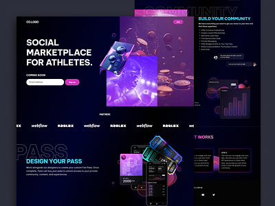 Landing page for athlete marketplace branding coming soon design desktop futuristic landing page landing page design nft sports sportstech tech ui ui design ux design visual design web design web3