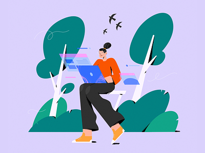 Outdoor Work art calm character colorful design flat girl illustration illustrator in progress it laptop nature outdoor park project work