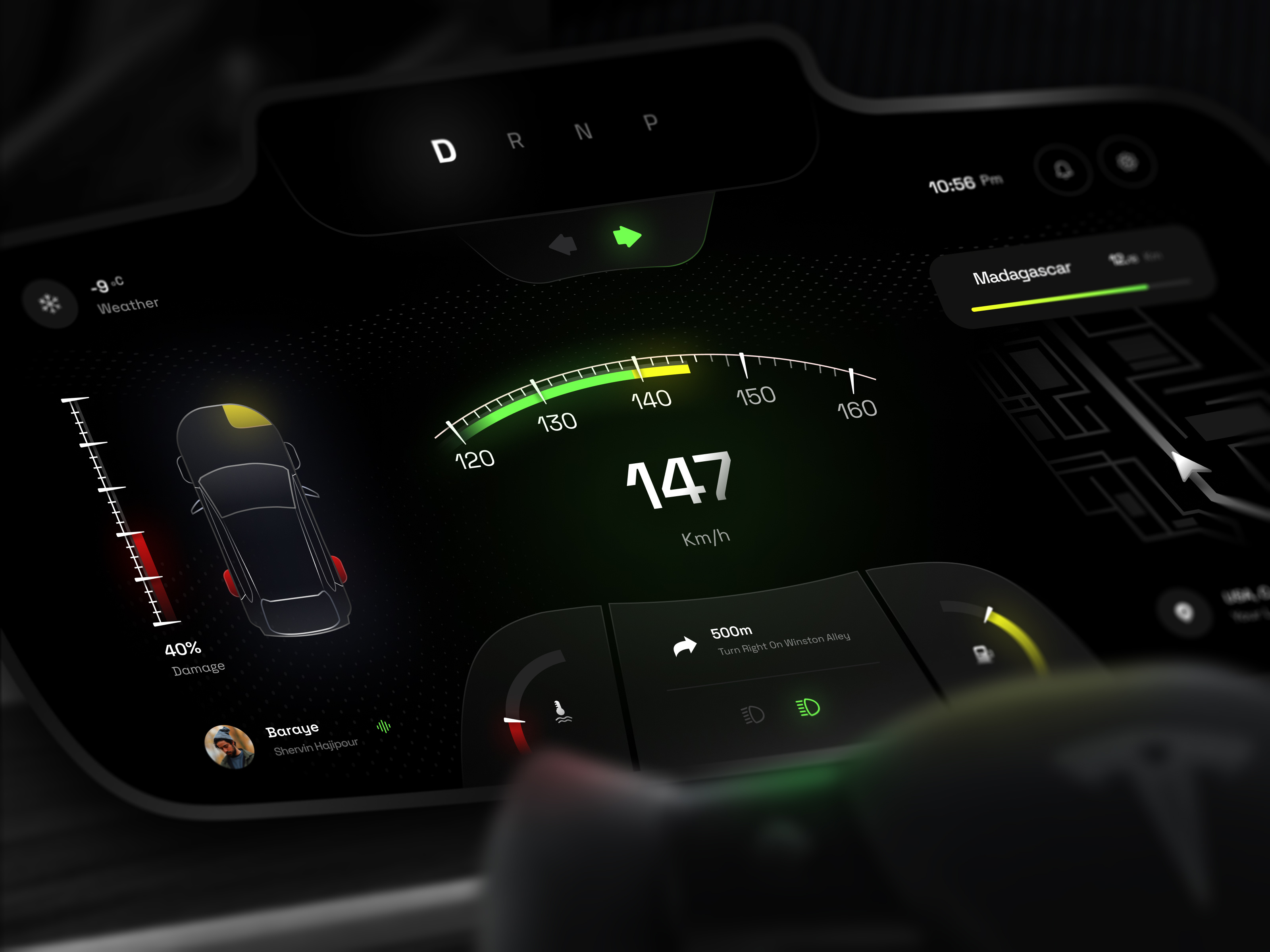 Car UI Dashboard - Dark Mode ⚡️ 3d automobile car car panel carry chart dark dashboard design display futuristic kilometers map remote speedmeter tesla transfer trend ui ui design