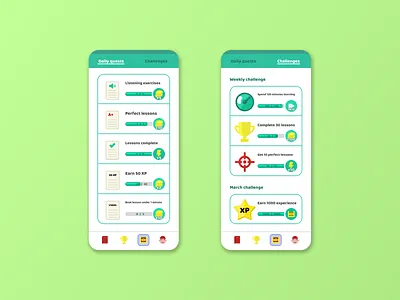 Language learning app quests and challenges branding challenge daily daily 100 challenge daily ui dailyui design duolingo graphic design green illustration language learn learning logo quest smart ui ux