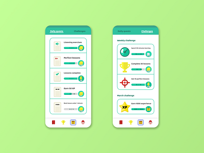 Language learning app quests and challenges branding challenge daily daily 100 challenge daily ui dailyui design duolingo graphic design green illustration language learn learning logo quest smart ui ux