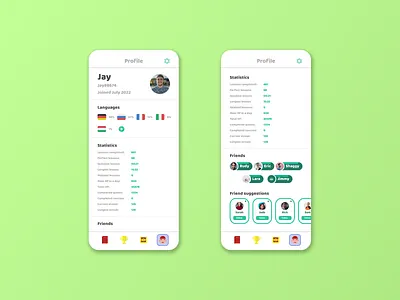 Language learning app profile and find friends branding daily daily 100 challenge daily ui dailyui design duolingo friends graphic design green illustration language learn learning logo profile statistics stats ui ux