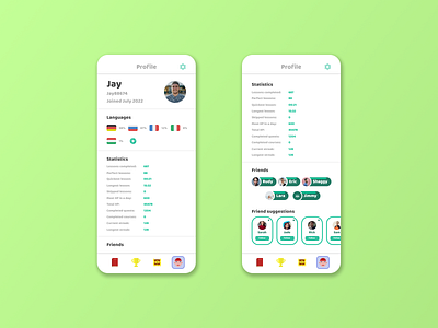 Language learning app profile and find friends branding daily daily 100 challenge daily ui dailyui design duolingo friends graphic design green illustration language learn learning logo profile statistics stats ui ux