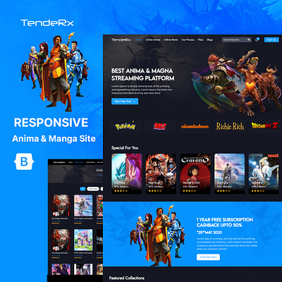 TendeRx - Anime and Manga Website Mock anime bootstrap design graphic design magna mock up ui ux vector