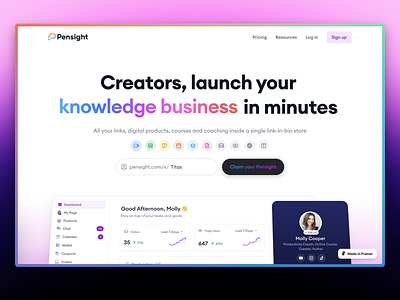 Pensight new landing page ⚡️ application creator landing page creators dashboard digital products framer video meetings