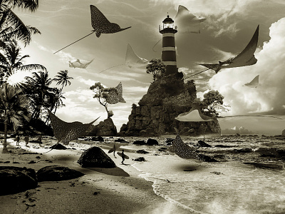 The Surfers at Rays Lighthouse animals beach fish illustration lighthouse mantarays ocean palms photoshop rays surfers surfing swimming