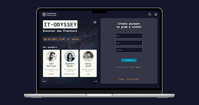 Sign up page conference cosmos create account dark theme event events it conference it odyssey registration registration form sign in sign up signup software developing space ticketing website ui ux