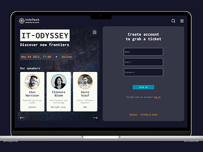 Sign up page conference cosmos create account dark theme event events it conference it odyssey registration registration form sign in sign up signup software developing space ticketing website ui ux