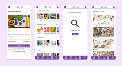 Craft Stores Mobile App app art app best user experience craft store home page design homepage like button liked items login mobile mobile app navigation bar purple search ui design