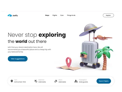 JustFly ✈︎ Travel Landing Page ✈️ agency airplan app booking branding design figma graphic design illustration logo minimalist travel ui ux vacancy vector web design