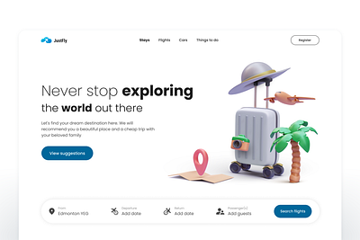 JustFly ✈︎ Travel Landing Page ✈️ agency airplan app booking branding design figma graphic design illustration logo minimalist travel ui ux vacancy vector web design
