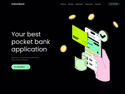 Urban bank home page interaction animation best website design green illustration interaction landing landing page design motion motion design startup top website ui ux video website design
