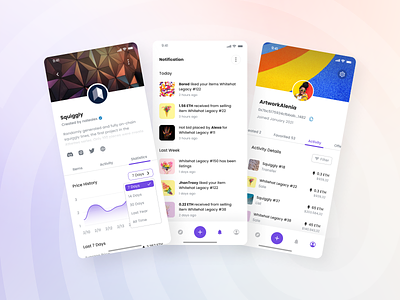 Fingies - Item Collection, Notification, and Profile android blockchain clean design crypto cryptocurrency design ios marketplace mobile app mobile design nft nft app nft design nft marketplace online shop profile mobile purple ui uiux ux