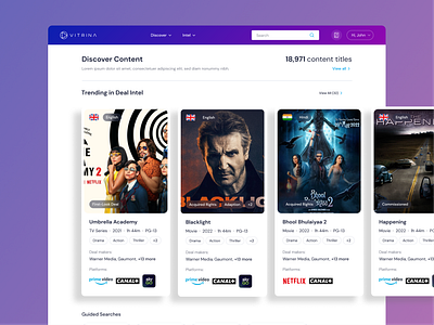 Vitrina Discover dashboard discover page disney movie netflix ott ui ux webapp