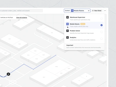 Map Context Switcher ⚡️ agv application autonomous guided vehicles context intralogistics logistics map maps navigation pattern product design robots saas switcher ui ux vehicle web app web design